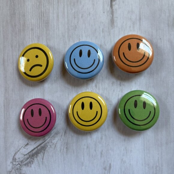 Colorful Smiley Face Pinback Button Set - Retro Happy Face Pins | Set of 6 - Picture 2 of 3